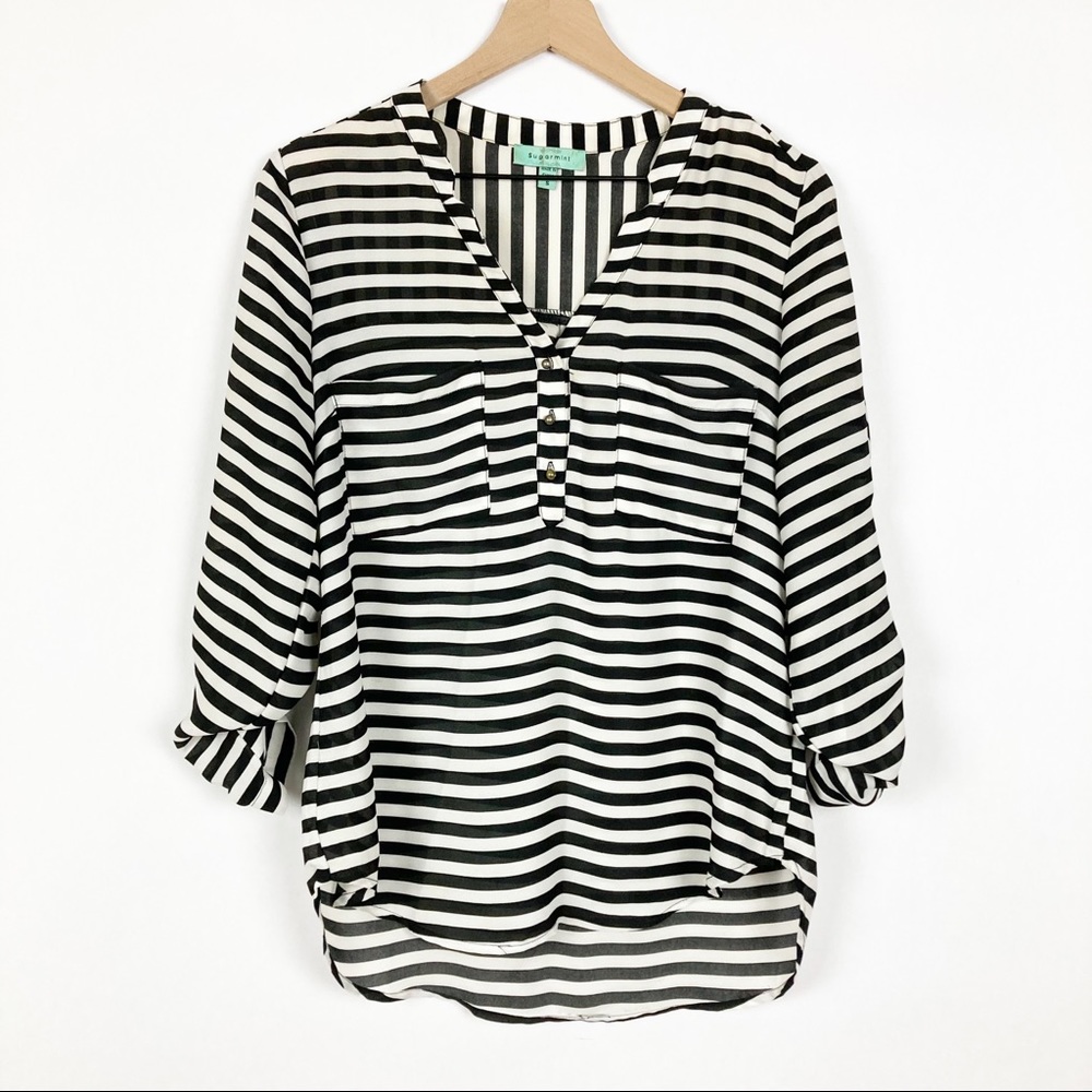 Sugarmint striped v neck button detail sheer tunic